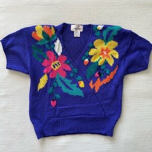 Colorful Vintage Floral Short Sleeve Sweater V Neck Large